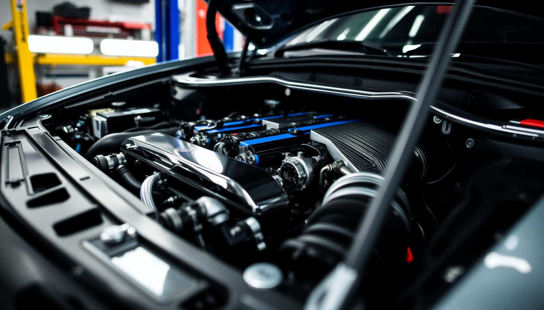 Motoroptimering hos Vinslöv Motorteknik — motorrum under arbete